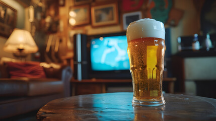Cinematic wide angle photograph of a beer pint glass in a living room old 90s tv. Product photography. Advertising. - obrazy, fototapety, plakaty
