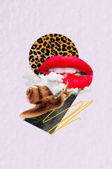 Collage image picture of tempting alluring red lips crawling snail isolated on creative leopard...