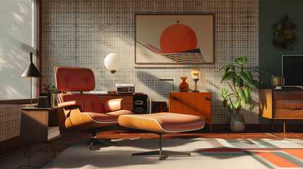Transport viewers to the sleek and stylish world of midcentury modern design with an image highlighting iconic furniture pieces, minimalist interiors, and atomic-inspired decor.