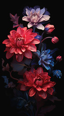 Fototapeta na wymiar red, blue and white flowers with red and blue confetti