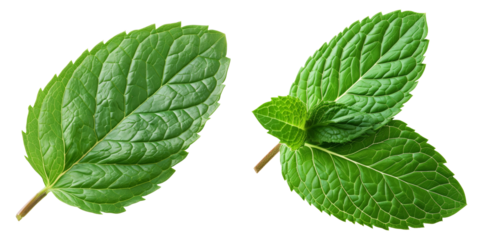 Fresh Mint Leaf Set Isolated on Transparent or White Background, PNG