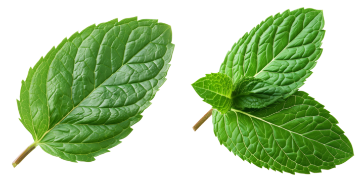 Fresh Mint Leaf Set Isolated on Transparent or White Background, PNG