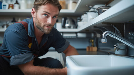 Fototapeta na wymiar A plumber repairing a kitchen sink in a house. Professional repairman installing water tap. Generative AI.