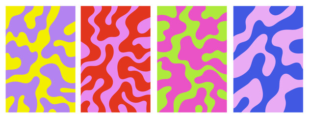 Set of cover with liquid in 70 60s y2k futuristic style. Backgrounds with neon organic shape. Smooth contours retro print. Psychedelic curvy figure on colorful pastel backdrop.