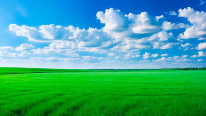 Fototapeta premium meadow, grassland, landscape,agriculture,lawn, field, sky, cloud, flower, nature, spring,Background image of a vast green field under a bright blue sky. bright green grass Receives light well The ba
