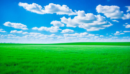 Fototapeta premium meadow, grassland, landscape,agriculture,lawn, field, sky, cloud, flower, nature, spring,Background image of a vast green field under a bright blue sky. bright green grass Receives light well The ba