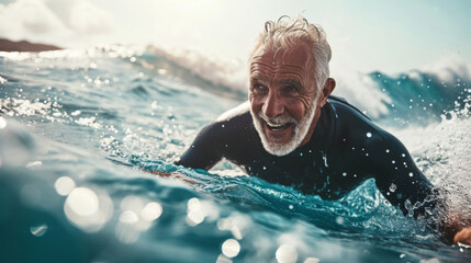 An active senior man in a wetsuit is surfing a wave, skillfully balancing on his surfboard with a focused expression.