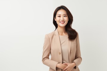 Portrait of a Young Asian businesswoman in a formal  suit standing pose isolated on a white background.