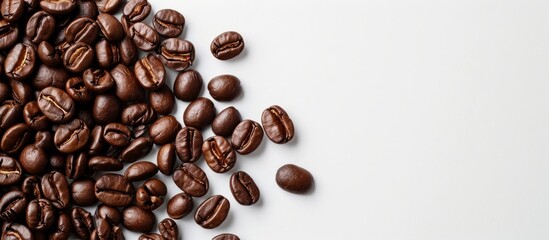 A stack of coffee beans, with origins ranging from Jamaican Blue Mountain to Kona, sits on a white surface.