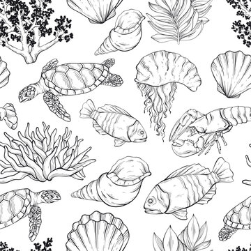 Outline vector sea creatures seamless design.