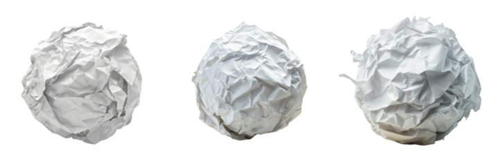 Crumpled Paper Ball Set Isolated on Transparent or White Background, PNG