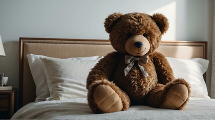 A large brown teddy bear on a white bed from Generative AI