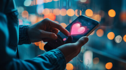 A person's hands are holding a smartphone with a glowing heart on the screen, symbolizing love and connection in the digital age against a backdrop of city lights at night. - obrazy, fototapety, plakaty