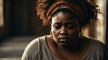 Depressed overweight black african woman looking down from Generative AI
