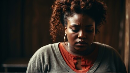 Fototapeta premium Depressed overweight black african woman looking down from Generative AI