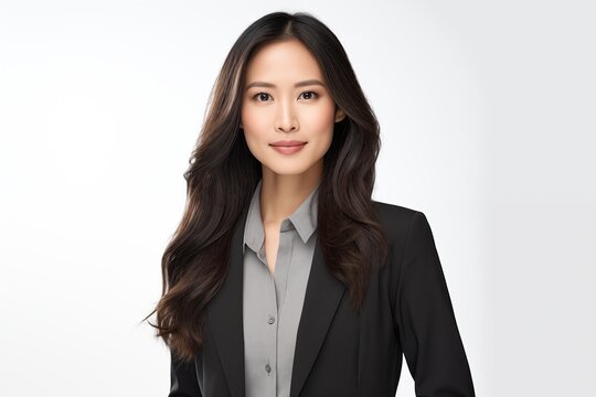 Portrait of a Young Asian businesswoman in a formal  suit standing pose isolated on a white background.