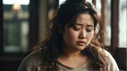 Depressed overweight korean woman looking down from Generative AI