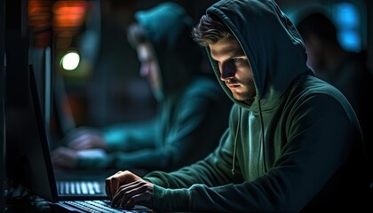 Obraz premium Man Wearing Hoodie Using Laptop Computer