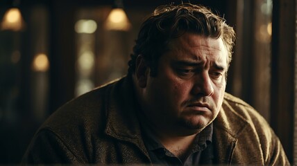 Depressed overweight man looking down from Generative AI