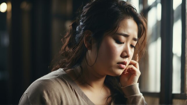 Depressed overweight korean woman looking down from Generative AI