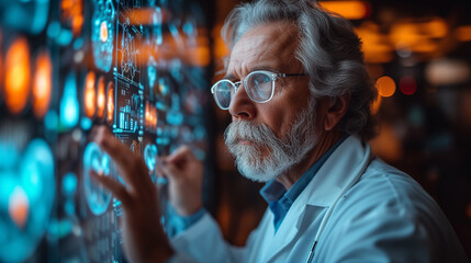 Senior doctor carefully analyzes virtual patient scan on digital screen