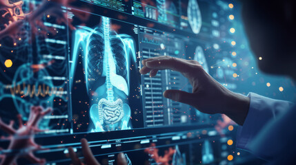 person is interacting with a futuristic medical interface displaying holographic images of human anatomy and various medical data