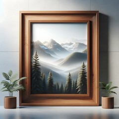 Stunning Wooden Frame Showcasing Mountain Landscape Painting - Perfect for Nature Lovers - Elegant Wall Art for Home or Office