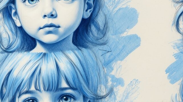 Hand drawn blue scribbles of child on paper texture from Generative AI