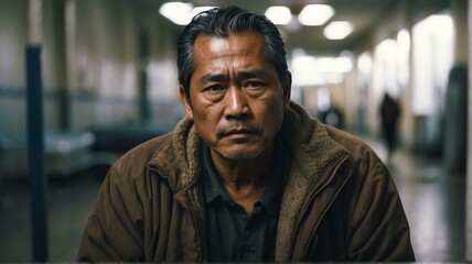 Lonely middle aged asian man looking sad at the camera on a homeless shelter from Generative AI