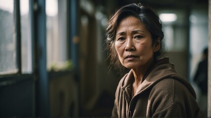 Lonely middle aged asian woman looking sad at the camera on a homeless shelter from Generative AI