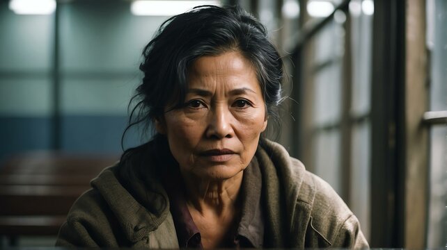 Lonely Middle Aged Asian Woman Looking Sad At The Camera On A Homeless Shelter From Generative AI