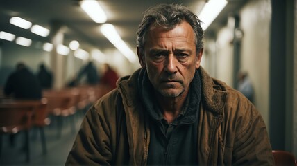 Obraz premium Lonely middle aged man looking sad at the camera on a homeless shelter from Generative AI