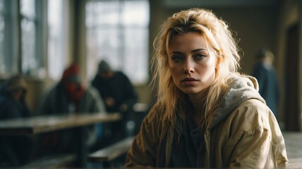 Lonely young blonde woman looking sad at the camera on a homeless shelter from Generative AI - obrazy, fototapety, plakaty