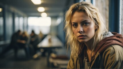 Lonely young blonde woman looking sad at the camera on a homeless shelter from Generative AI - obrazy, fototapety, plakaty