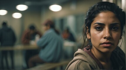 Lonely young hispanic woman looking sad at the camera on a homeless shelter from Generative AI
