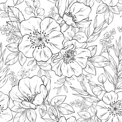 Seamless outline pattern with Hand drawn flowers.