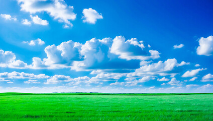 Obraz premium meadow, grassland, landscape,agriculture,lawn, field, sky, cloud, flower, nature, spring,Background image of a vast green field under a bright blue sky. bright green grass Receives light well The ba