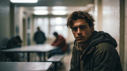 Lonely young man looking sad at the camera on a homeless shelter from Generative AI - obrazy, fototapety, plakaty