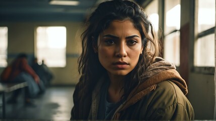 Lonely young hispanic woman looking sad at the camera on a homeless shelter from Generative AI
