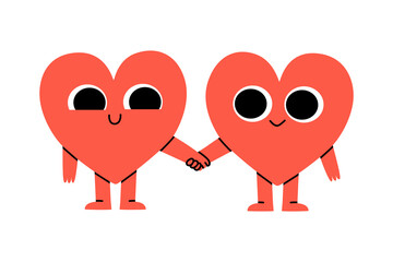 Fototapeta premium Hand drawn cute illustration two heart characters holding hands. Fall in love feeling in doodle style. Couple on date. Valentine's Day holiday romantic mascot sticker, icon. Isolated.