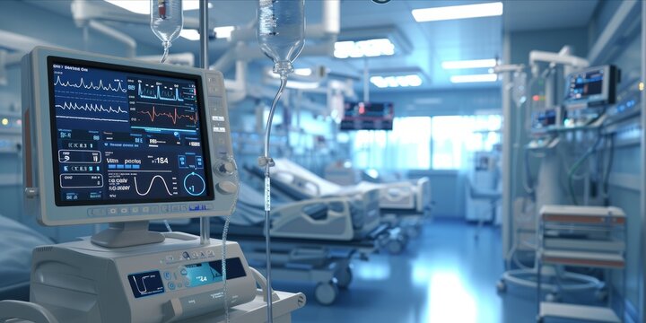 Hospital room with advanced medical equipment and digital monitoring interfaces.