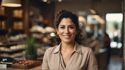 Portait of a smiling confident retail store owner hispanic woman looking at camera from Generative AI