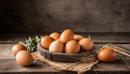 Brown chicken eggs in bowl and on wooden table. Fresh and natural food. Farm product.
