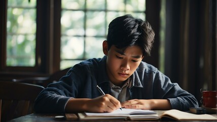 Portait of a stressed asian teenager boy doing homework from Generative AI