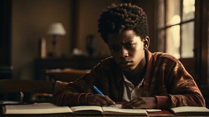 Portait of a stressed black african teenager boy doing homework from Generative AI