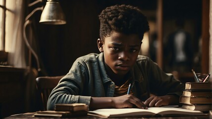 Fototapeta na wymiar Portait of a stressed black african teenager boy doing homework from Generative AI