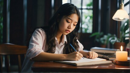 Portait of a stressed asian teenager girl doing homework from Generative AI