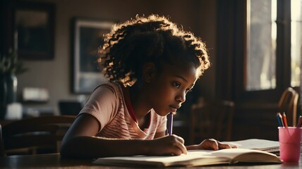 Fototapeta na wymiar Portait of a stressed black african teenager girl doing homework from Generative AI