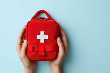 nurse with a first aid kit on light background