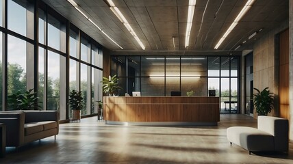 Fototapeta premium Reception area of a tech professional office space building with sunlight rays from Generative AI